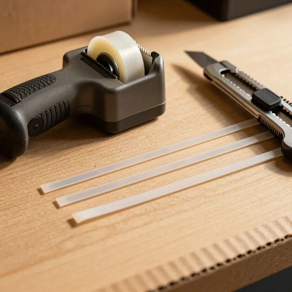 Scanner-Dock, Paketbandgerät, Cutter und Kabelbinder auf hellem Holz, diagonal inszeniert.