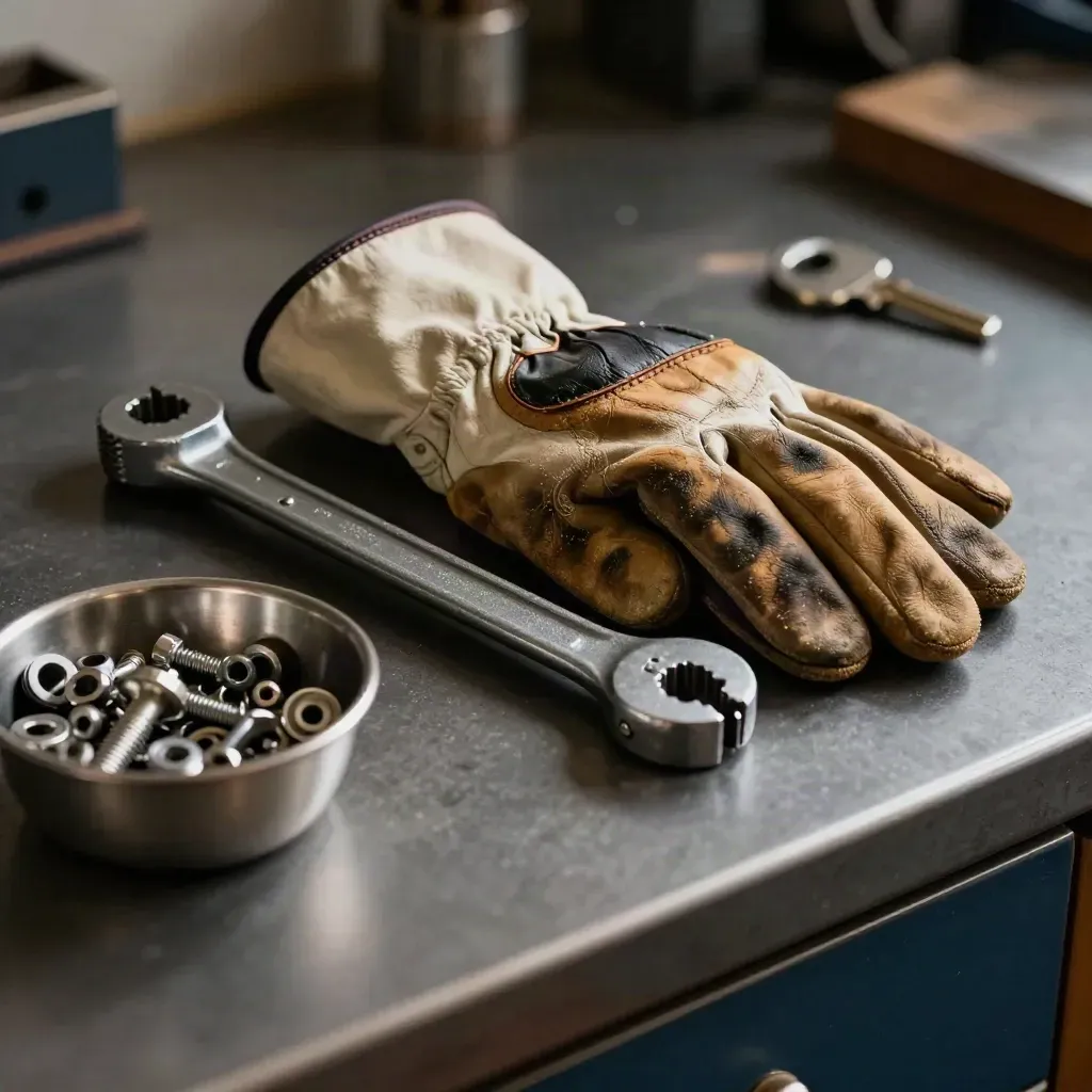 Leder-Arbeitshandschuhe, Drehmomentschlüssel und Kleinteileschale auf dunkler Werkbank.