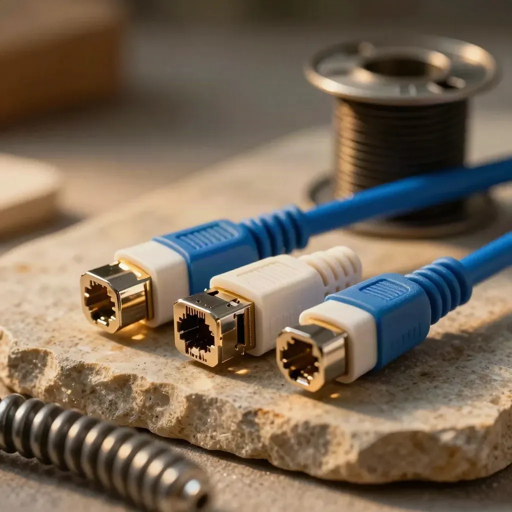 RJ45-Stecker, geschirmte Kupplung und Kabeltrommel auf warmer Steinplatte im Makro.