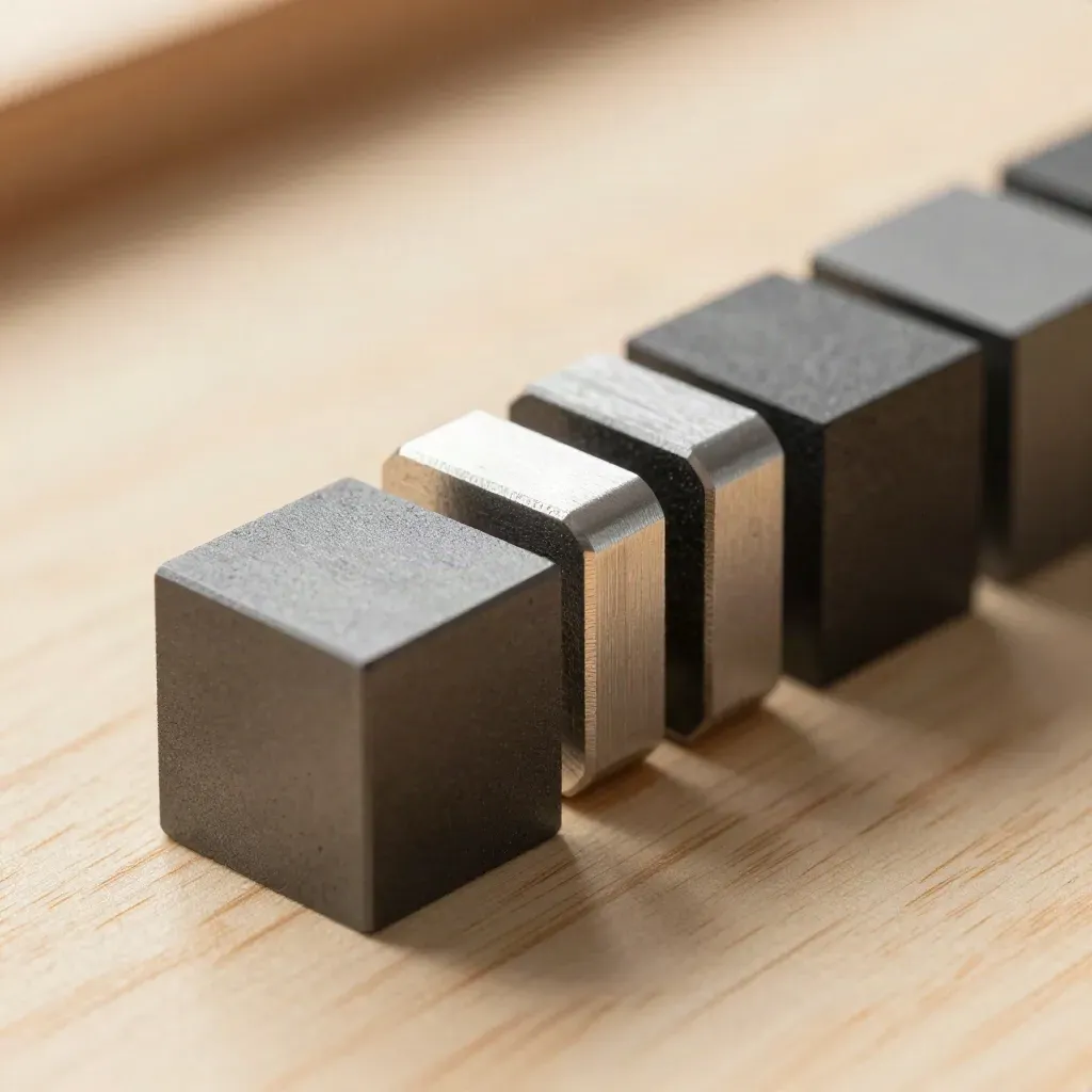 Graphitwürfel, Distanzstücke und Aluminiumverbinder auf hellem Holz, makro und diagonal.