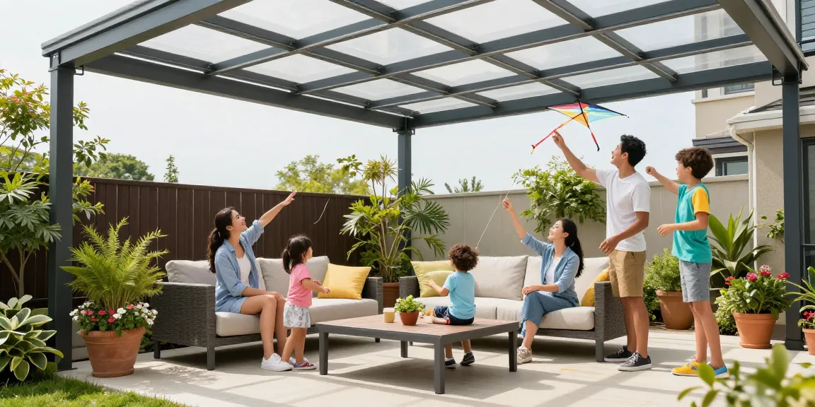 Moderne Terrassenüberdachung mit Familie, die einen sonnigen Tag genießen, im stilvollen Garten.