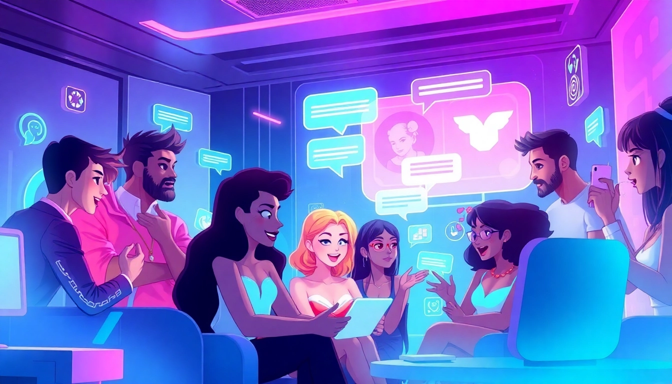 Vibrant digital scene showcasing NSFW AI chat characters engaging in lively conversations online.
