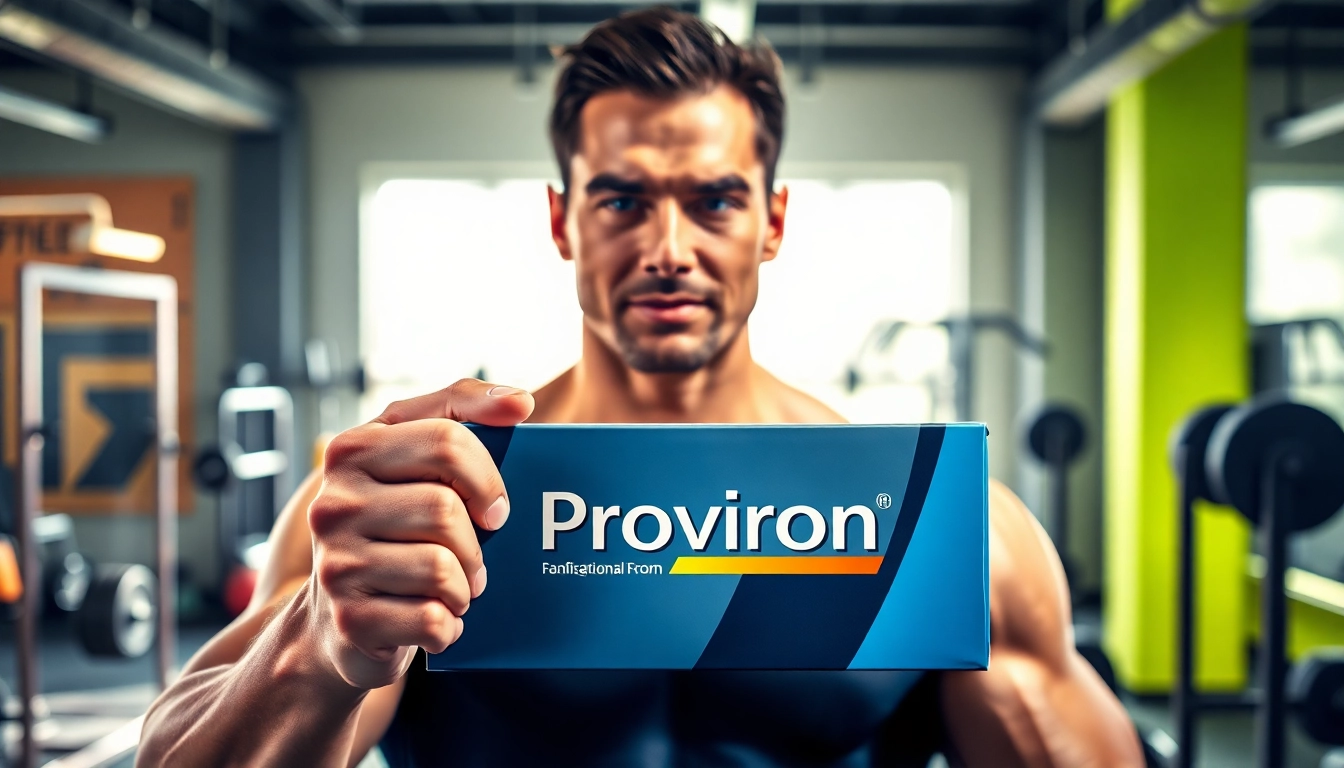 Proviron kaufen: Muscular individual confidently presenting Proviron packaging in a vibrant gym setting.