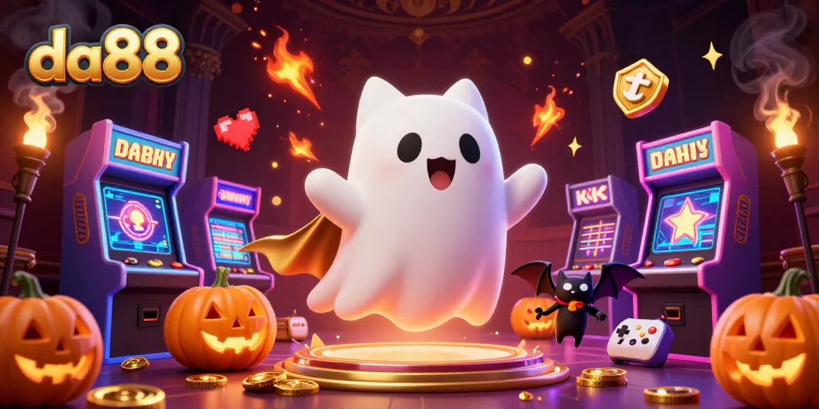 Play exciting games at da88 with a ghost cat and bat in a vibrant casino scene.