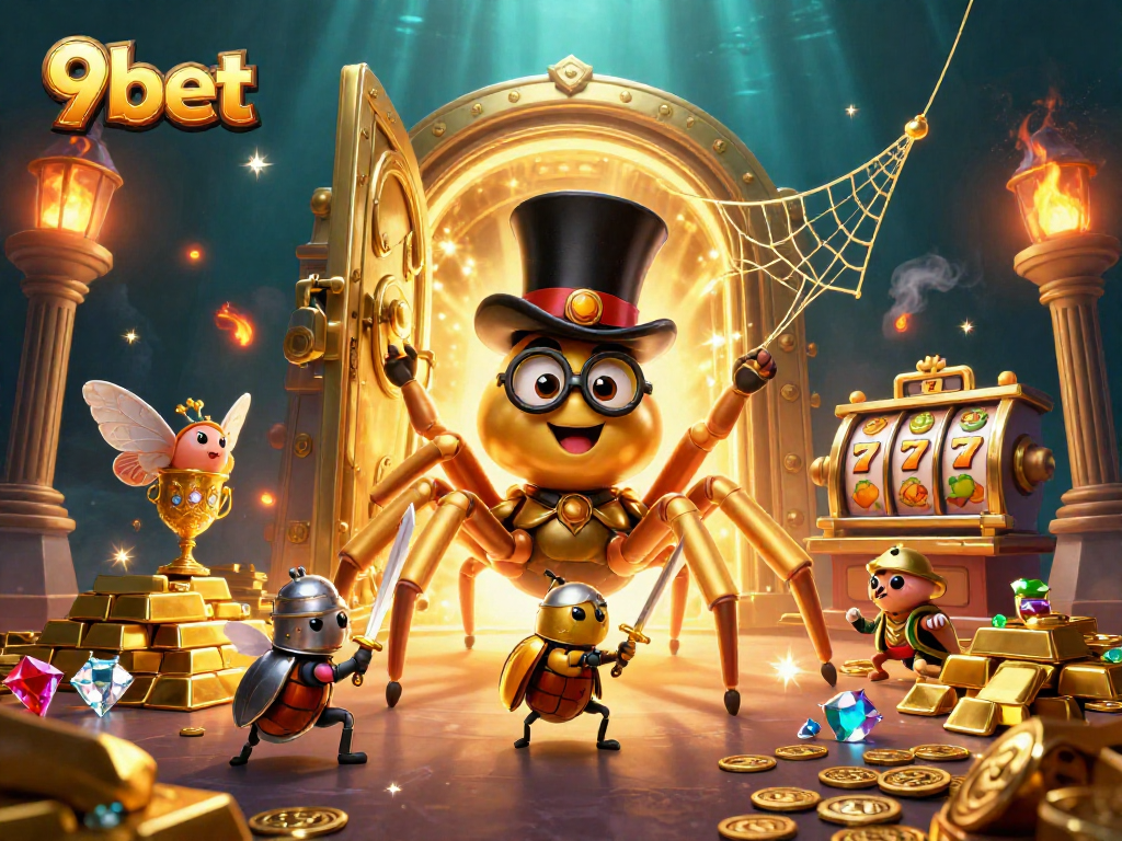 Engage in thrilling gaming with 9bet, featuring a vibrant scene of casino characters and treasure.