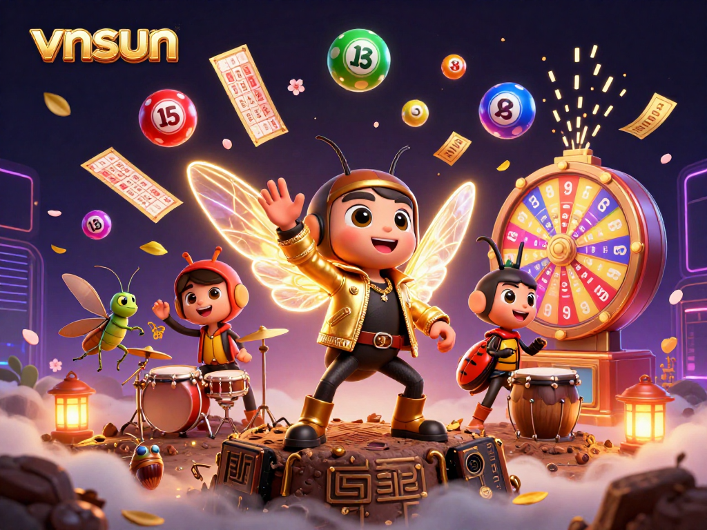 Experience thrilling gaming at vnsun with a vibrant scene featuring lottery elements and a rock star theme.