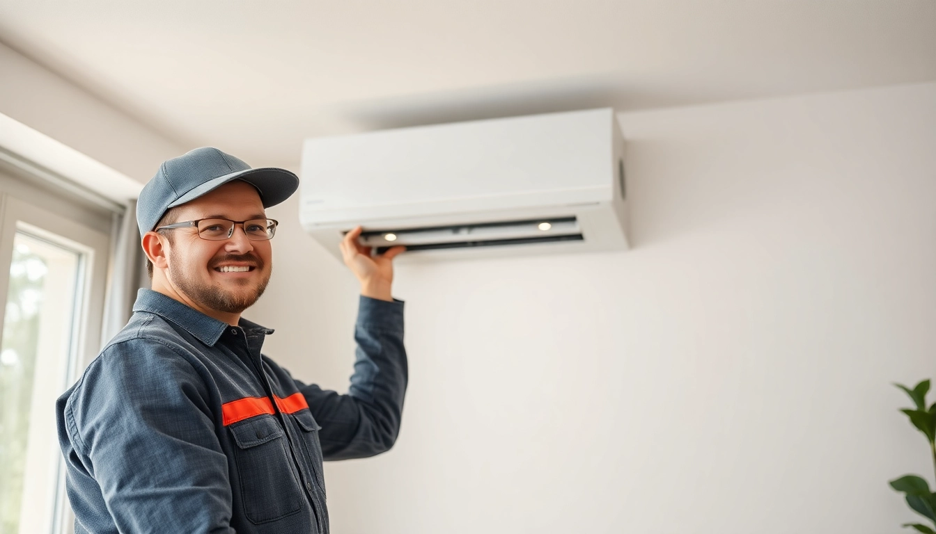 Klimaanlagen installieren lassen: Techniker bei der Installation einer Klimaanlage in einem modernen Raum.