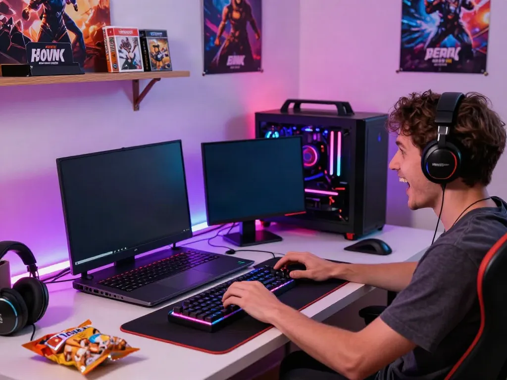 Engaging scene of a person playing rokok88 slot on a high-performance gaming laptop, surrounded by gaming accessories and vibrant decor.