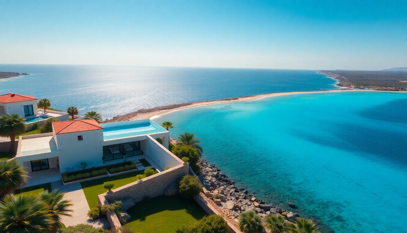 Explore beautiful immobilien in nordzypern: Stunning villas by the sea with lush greenery in the background.
