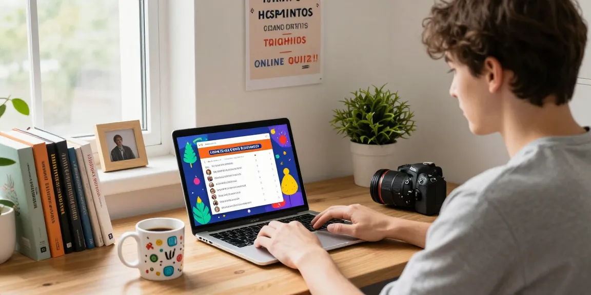 Engaging scene of a cozy home study with a vibrant quiz interface, showcasing Quiz Allgemeinwissen enthusiasm.