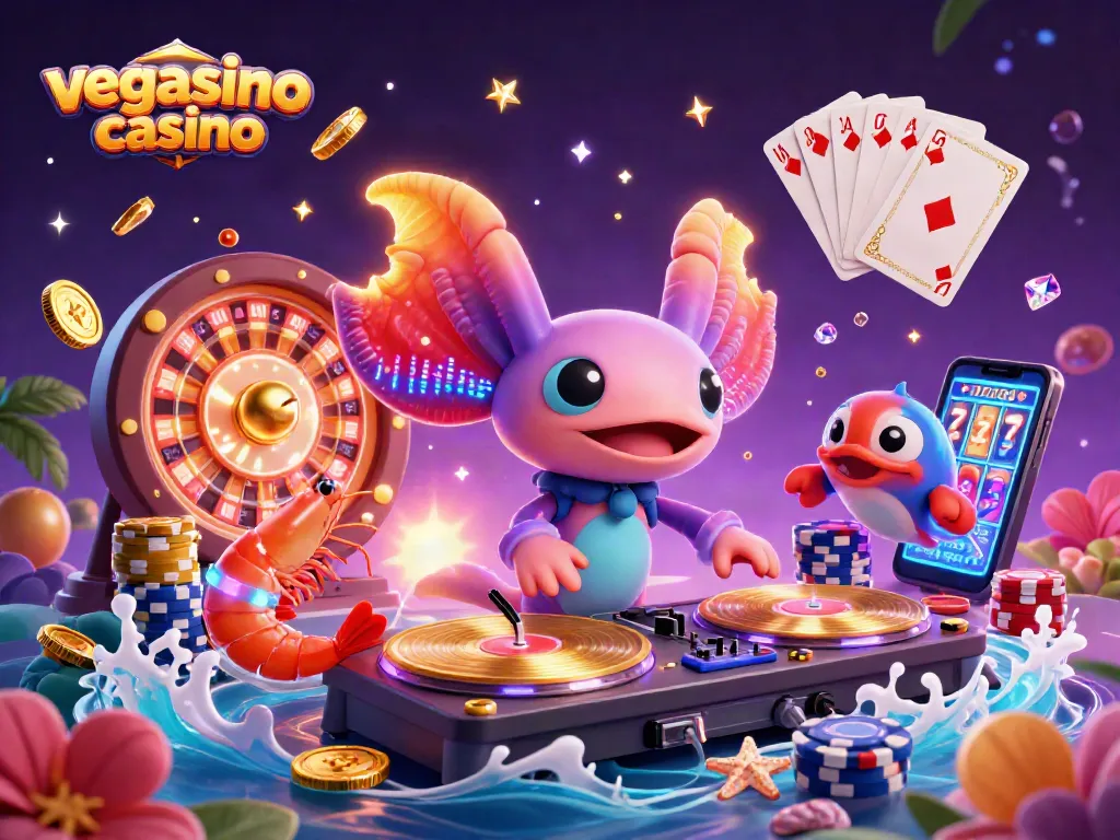 Experience the thrill of vegasino casino with vibrant 3D characters, sparkling coins, and a dynamic gaming atmosphere.