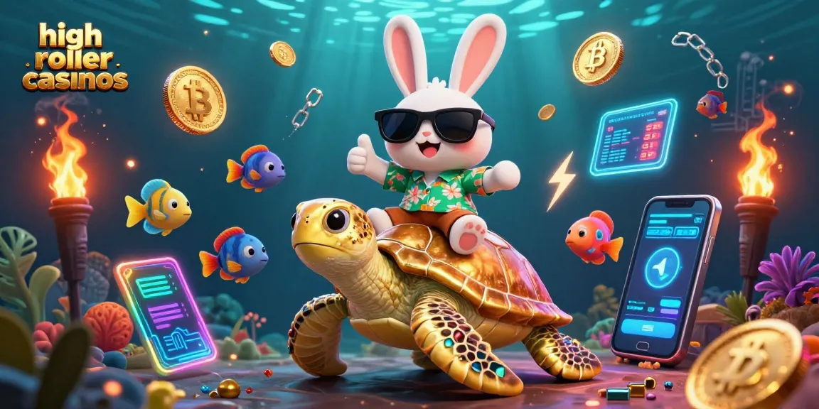 Engage with high roller casinos showcasing a lucky rabbit on a golden turtle amidst vibrant crypto elements.