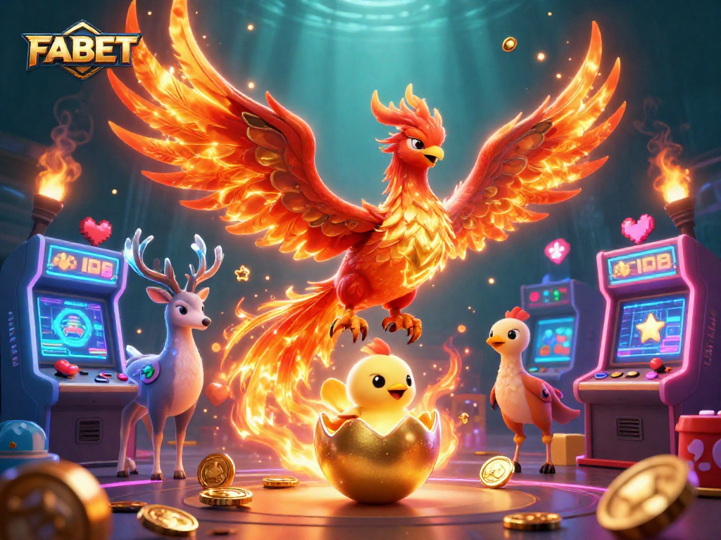 Experience thrilling gaming with FABET's vibrant phoenix and arcade elements in a dynamic casino scene.
