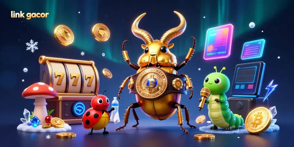 Engage with the link gacor as a golden beetle character competes in a vibrant casino-themed 3D scene.
