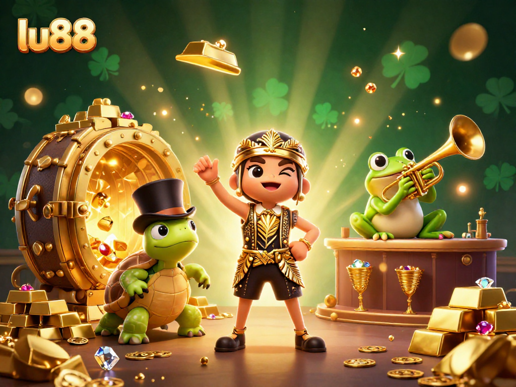 Experience thrilling adventures at lu88 with a vibrant 3D casino scene featuring lively characters and sparkling treasures.