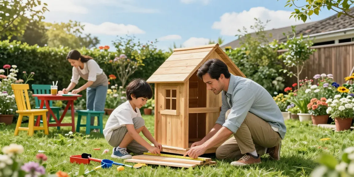 Gemeinsames Gartenhaus kaufen: Familie baut gemeinsam im Garten ein Holzhaus und gestaltet ihre Wohlfühloase.