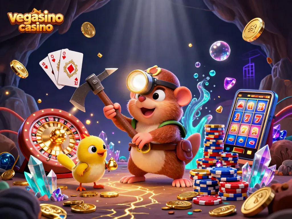 Experience exciting wins at vegasino casino with a treasure hunter mole and glowing gems in a vibrant scene.