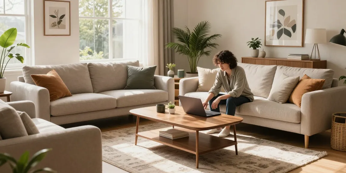 Moderne Möbel durchstöbern in einem Möbel Shop Online in einem gemütlichen Wohnzimmer.