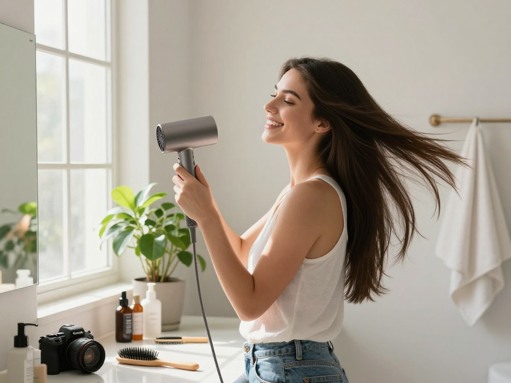 Young woman using a mini blow dryer in a stylish bathroom, engaging in a joyful beauty routine with natural light.