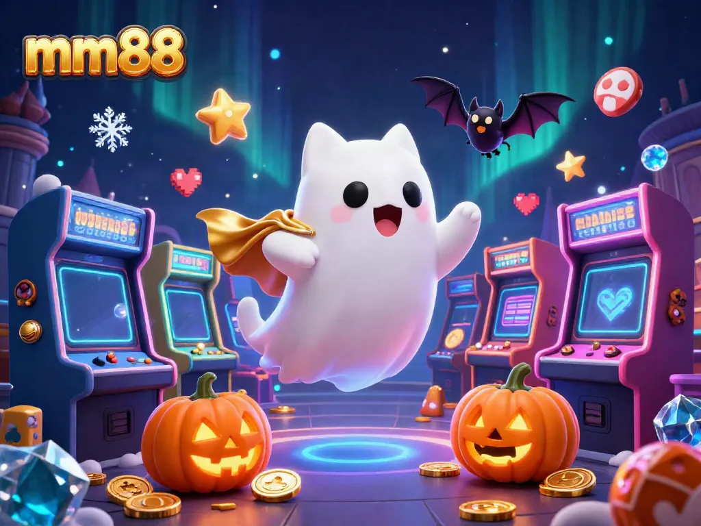 Experience thrilling gaming excitement at mm88 with a ghost cat and glowing elements in a haunted casino.
