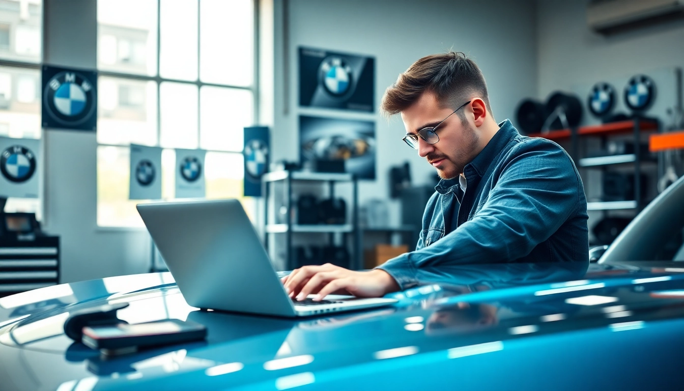 BMW Codierer arbeitet präzise am Steuergerät eines BMWs in einer modernen Werkstatt.