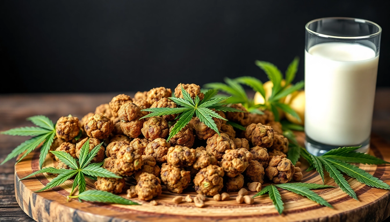 Leckere Cannabis Kekse frisch gebacken, serviert mit Milch und Hanfblättern für ein ansprechendes Genussbild.