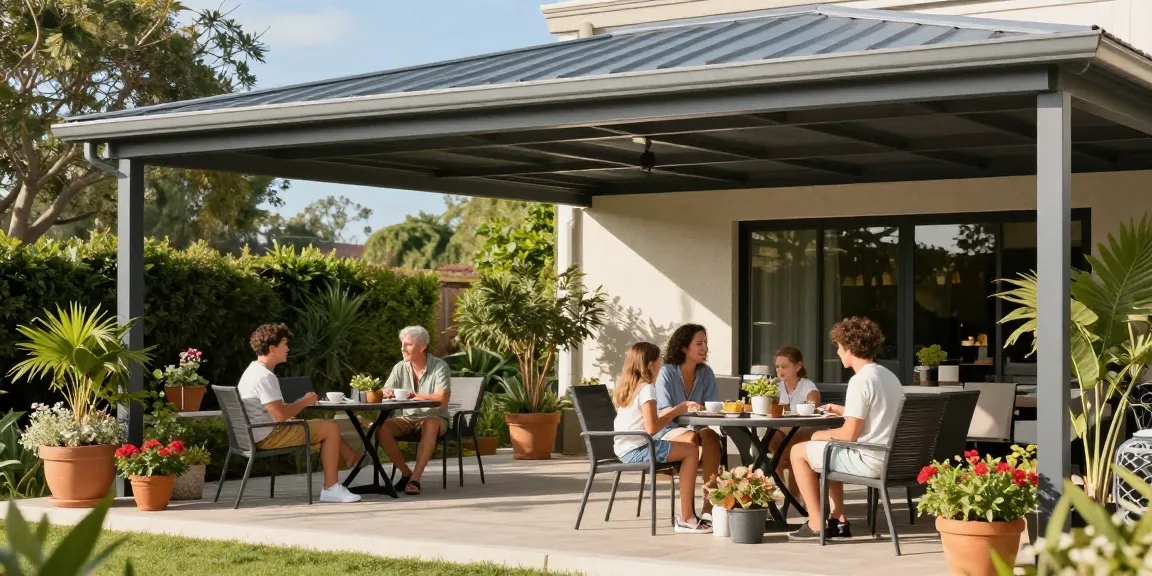 Gemütliche Terrasse mit Terrassenüberdachungen, Familie genießt den Tag bei Kaffee und Pflanzen.
