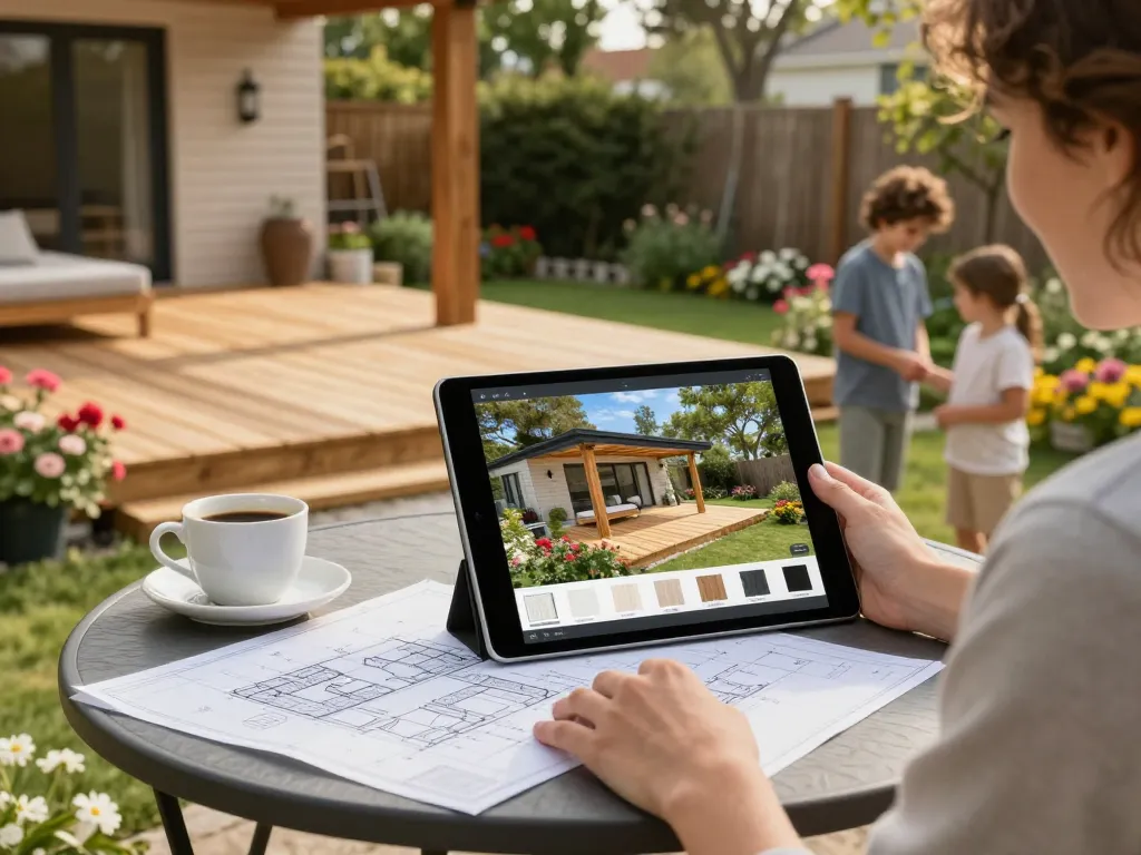 Hausbesitzer, der einen Veranda 3D Konfigurator verwendet, um ein individuelles Außendesign einer Veranda in einem hellen Garten zu visualisieren.