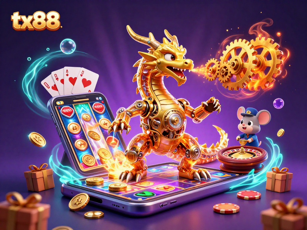 Experience thrilling wins with tx88 as a golden dragon and tiny engineer create magic amid dynamic slot games and casino elements.