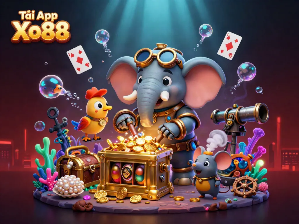 Experience thrilling gaming with Tải App Xo88 featuring a steampunk elephant engineer at a golden slot machine.