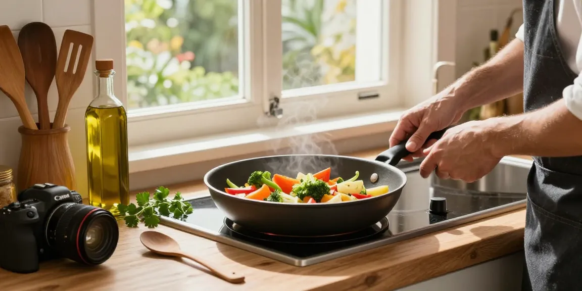 Zubereitung eines gesunden Gerichts in einer PTFE freien Pfanne mit frischen Gemüsezutaten.