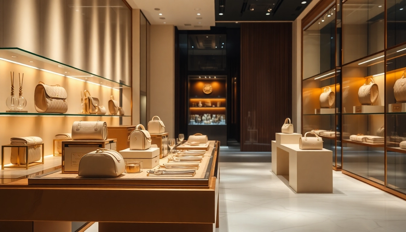 Showcase of luxury items in a beautifully arranged boutique, highlighting opulence and elegance.