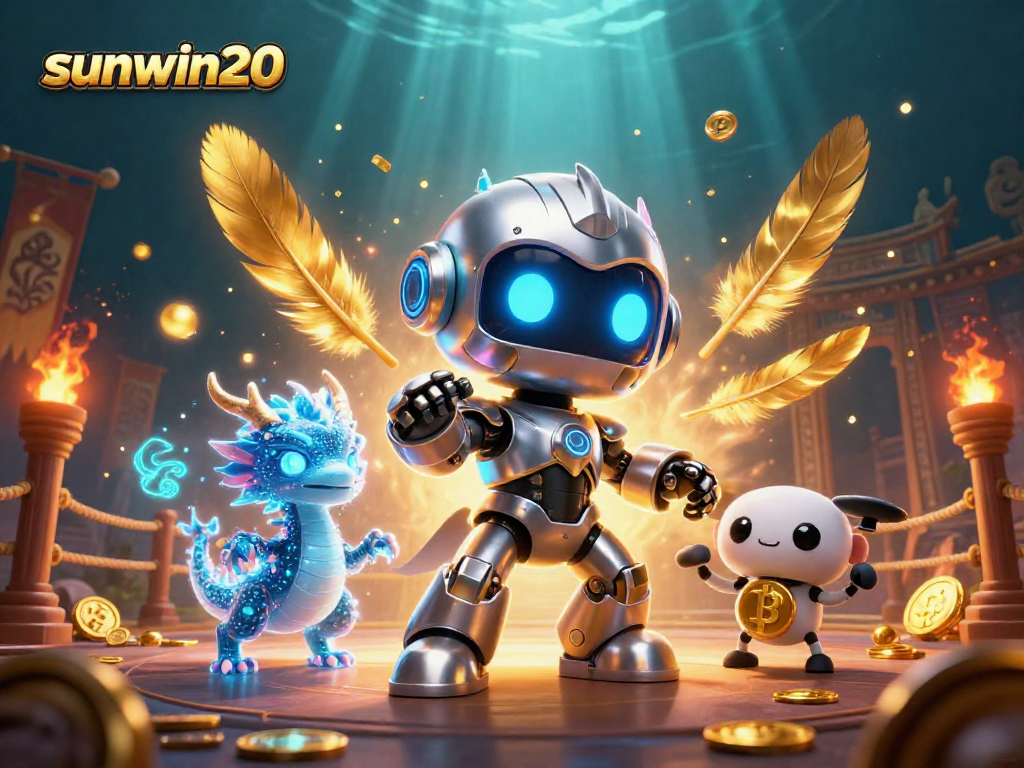 Engage with sunwin20’s thrilling casino experience featuring a vibrant 3D robot and dragon in dynamic surroundings.