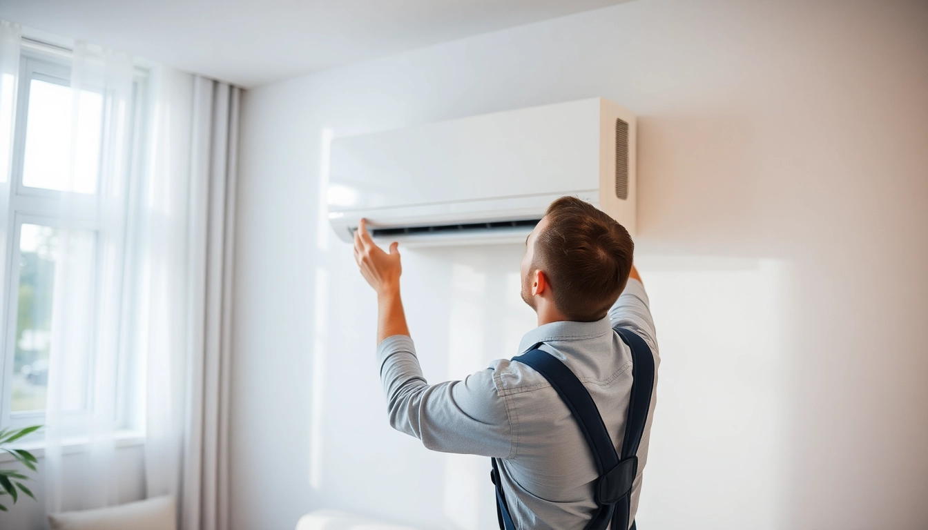 Technician expertly klimanlagen installieren lassen, showcasing a sleek indoor unit installation in a modern living space.
