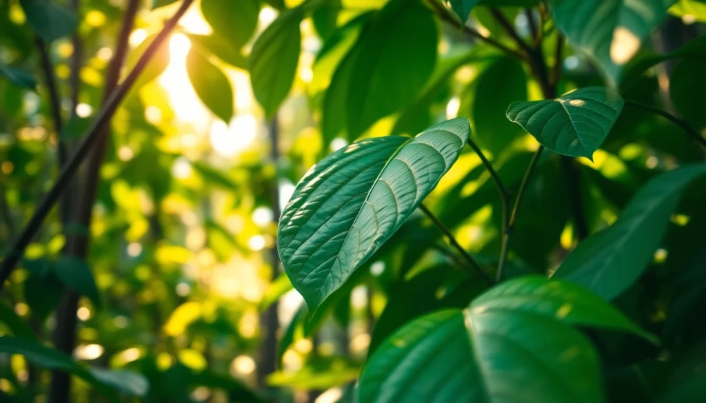 Entdecken Sie die Schönheit des Kratom mit https://www.kratombird.de im Vordergrund eines üppigen Dschungels, der Qualität und Natur vereint.