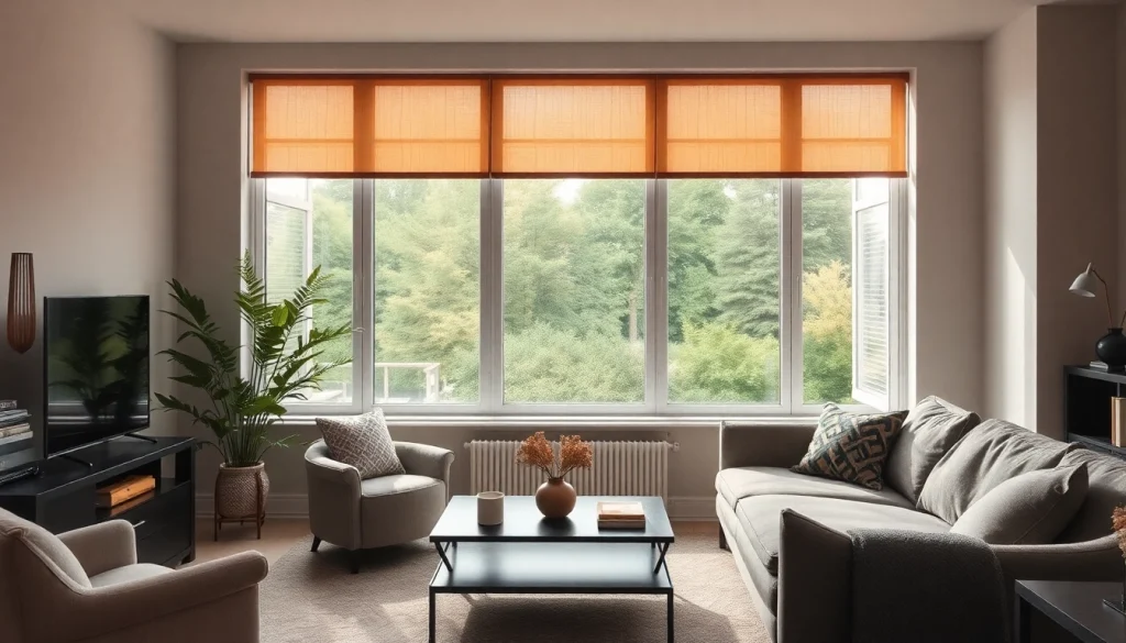 Gestalte ein modernes Wohnzimmer mit einem eleganten Wabenplissee, das sanftes Licht filtert und eine gemütliche Atmosphäre schafft.