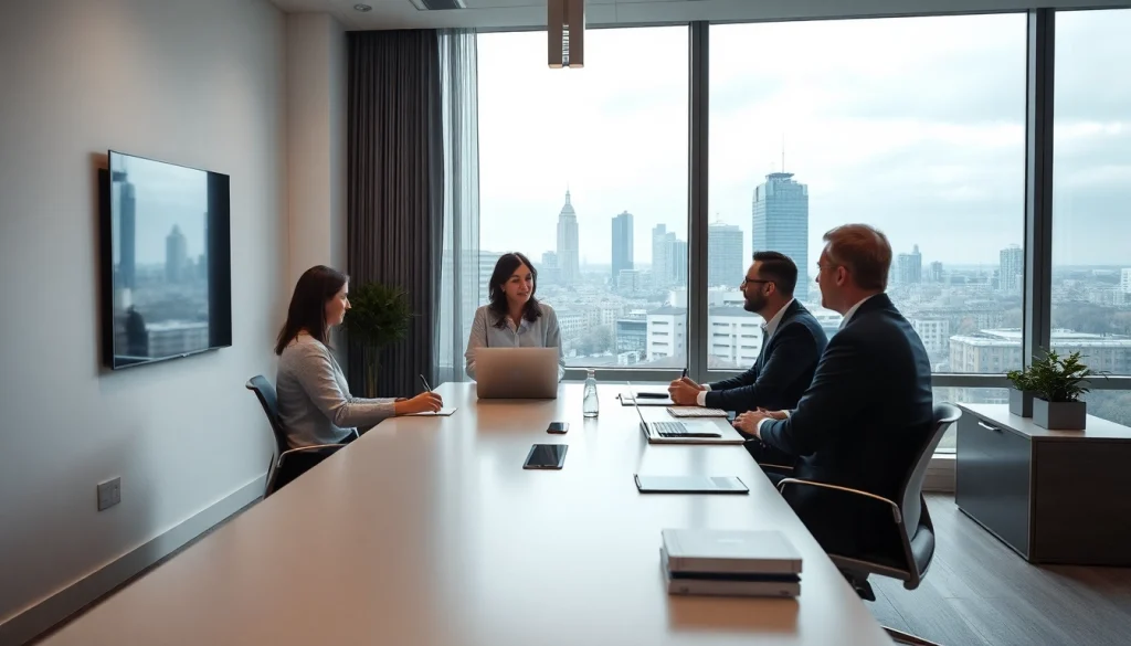 Professionelle Besprechung im Büro eines Headhunter München mit Blick auf die Stadt.