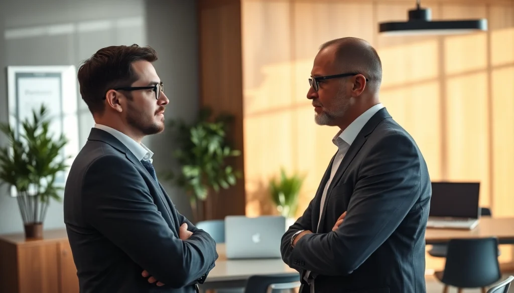 Headhunter Essen im Gespräch mit einem Bewerber in einem modernen Büro, das dynamisch und einladend wirkt.