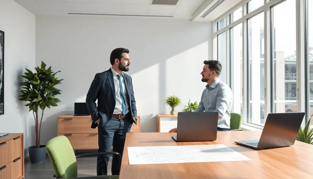 Personalvermittlung: Ein Personalvermittler führt ein Gespräch mit einem Kandidaten in einem modernen Büro, mit Schreibtisch und Laptop im Bild.