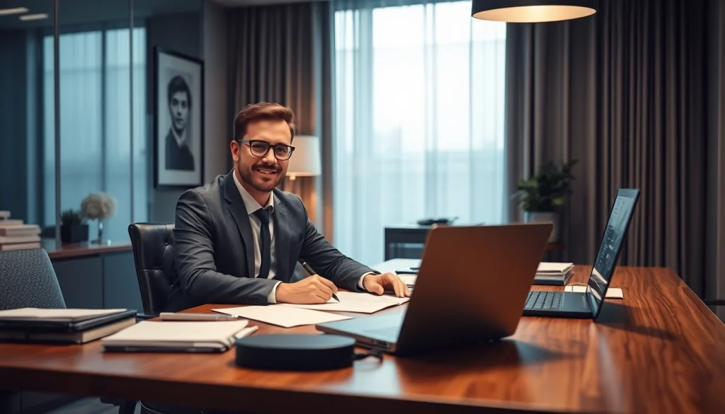 Professioneller Headhunter Erfurt arbeitet diskret und kompetent am Schreibtisch mit modernen Technologien.