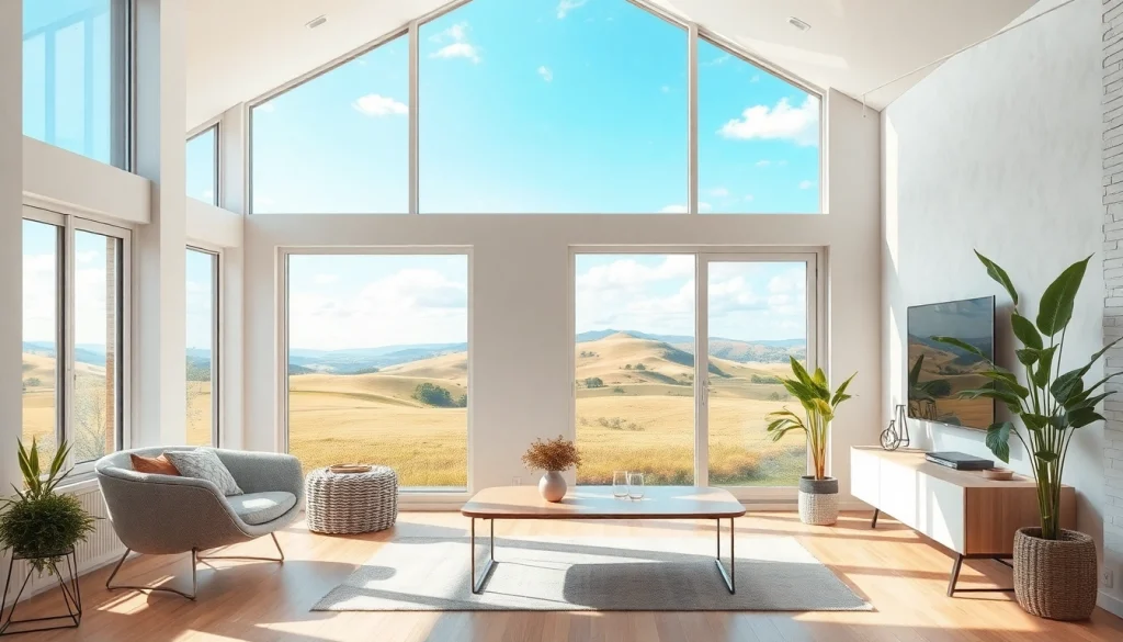 Moderne Raumgestaltung mit hellen Farben und Pflanzen für eine einladende Atmosphäre.