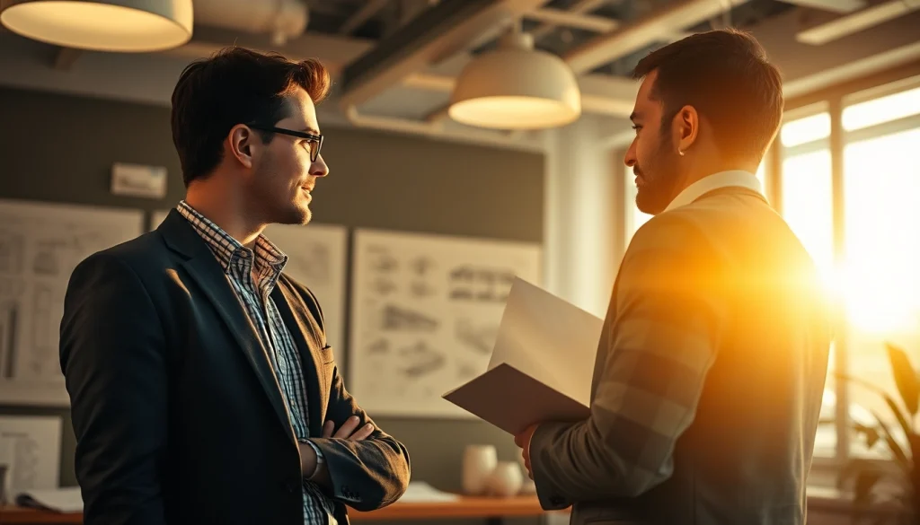 Headhunter Baubranche interagiert mit Bauingenieur im modernen Büro.