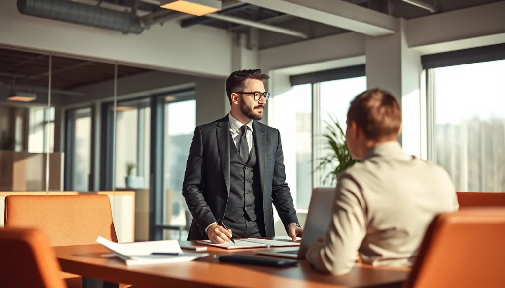 Headhunter Bielefeld berät einen Kandidaten in einem modernen Büro, umgeben von Notizen und Laptop.