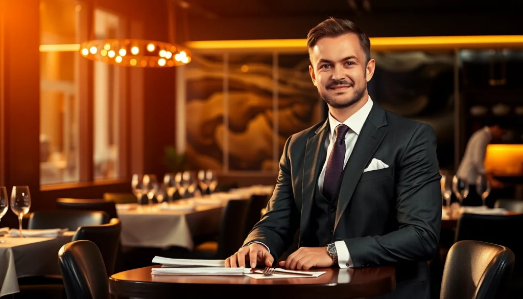 Headhunter Gastronomie berät an einem eleganten Tisch in einem Restaurant.