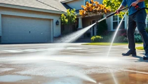 Driveway pressure wash in action, showcasing workers cleaning a concrete driveway with professional tools.