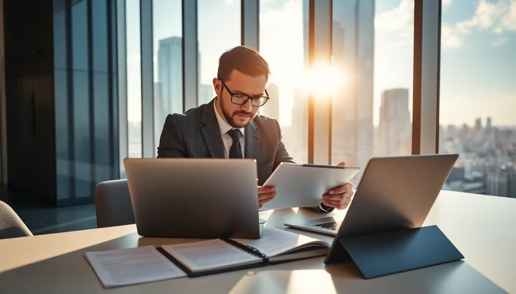 Vibrant scene of a Headhunter Schweiz reviewing candidates in a modern office.