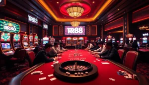 Players enjoying an exciting game at RR88's luxurious casino, showcasing poker chips and vibrant slot machines.
