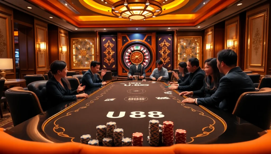 Players enjoying a thrilling game at the UU88 poker table in a luxurious casino atmosphere