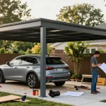Moderne Carport-Installation mit Designplänen und grüner Umgebung.