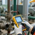 Brennbares Gasdetektionsgerät im Einsatz zur Überprüfung von Gasleitungen in einer Industrieumgebung.